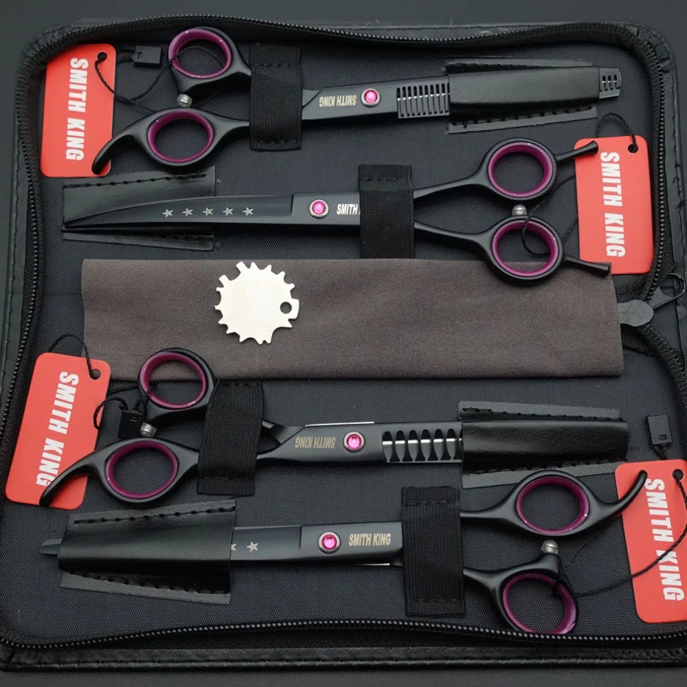 Schwarze Hülle mit professionellem Haarschnitt-Scheren-Set und verschiedenen Klingen und Werkzeugen.