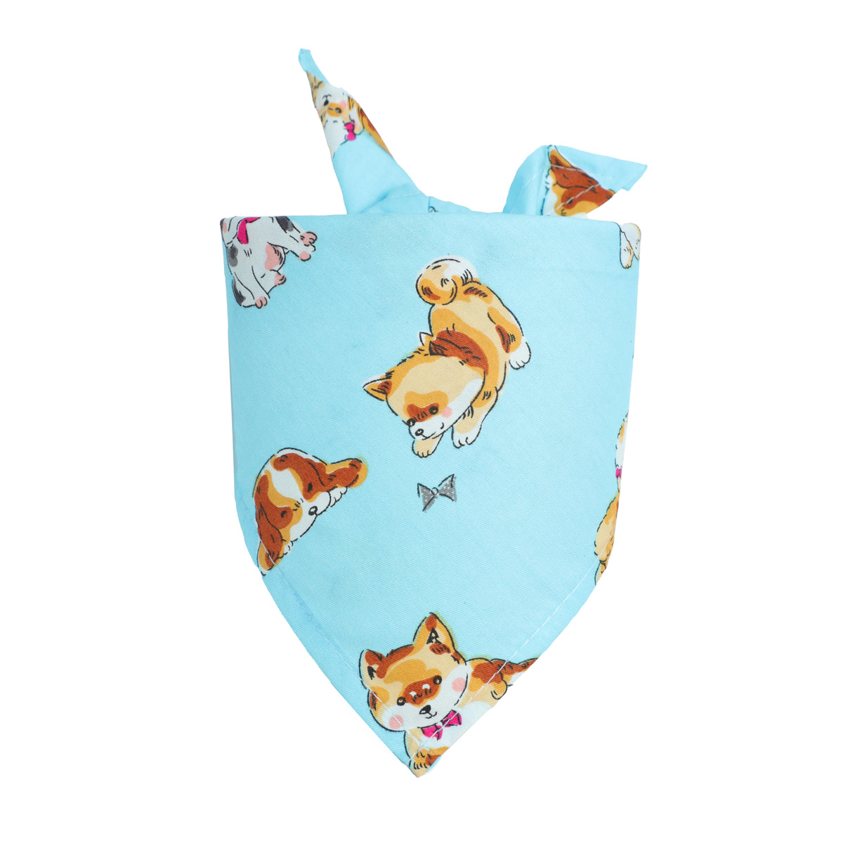 Light blue fabric pet bandana featuring cute orange and white fox-like animal designs.