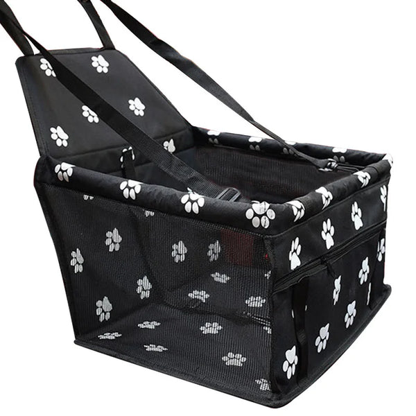 Black foldable mesh pet carrier for dogs and cats with black straps