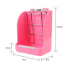 Pink rabbit hay and food rack for pet bowls with a wire grate
