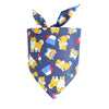 A navy blue bandana featuring a pattern of cute yellow and white dogs and cats.