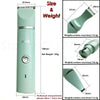 A vertical view of a light green pet grooming trimmer showing its size, weight, and dimensions.