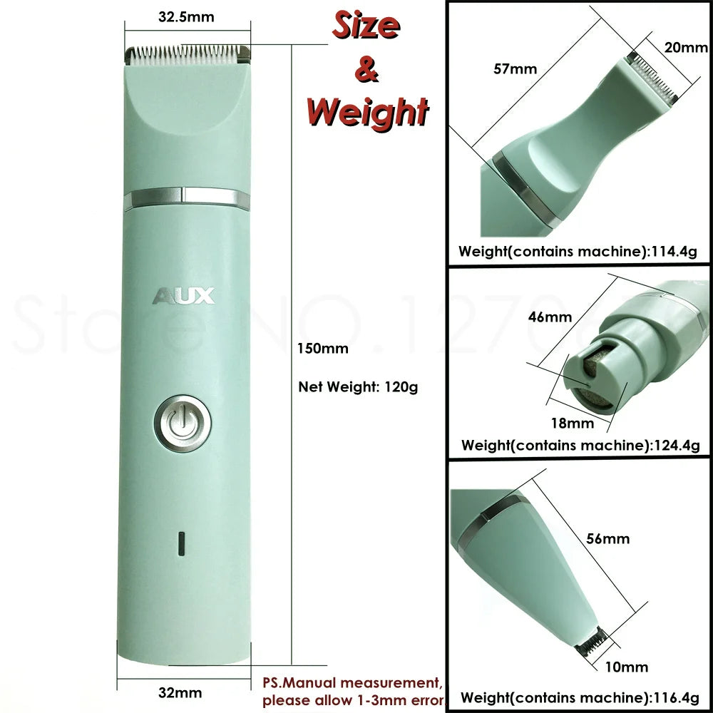 A vertical view of a light green pet grooming trimmer showing its size, weight, and dimensions.
