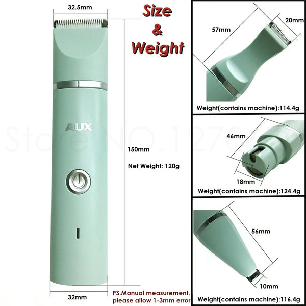 A vertical view of a light green pet grooming trimmer showing its size, weight, and dimensions.