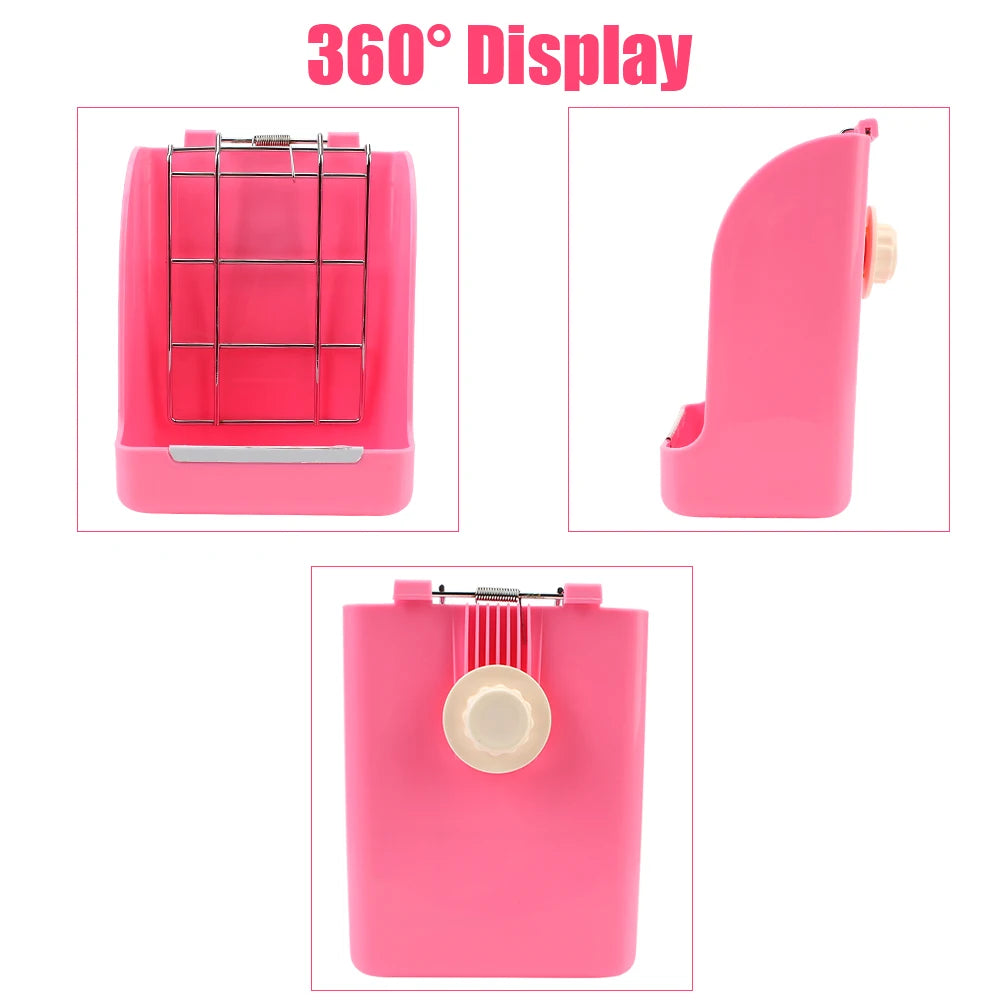 Pink rabbit hay and food rack with a 360 degree display feature