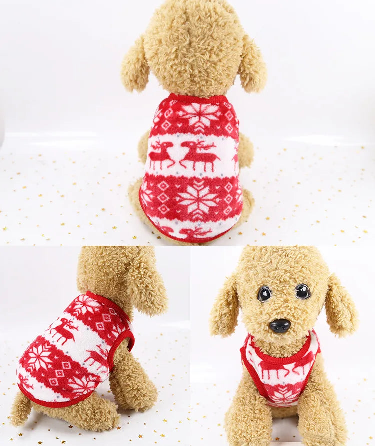A fluffy golden dog wearing a red and white patterned fleece vest for small dogs.