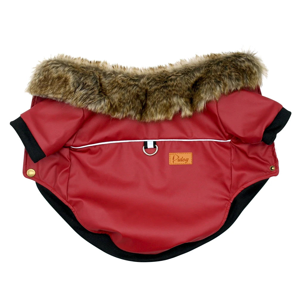 A red PU leather dog jacket with a brown fur collar and black trim.