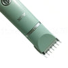 A teal pet grooming trimmer with a silver guard is shown diagonally.