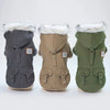 Three versions of a classic PU leather dog jacket for small to medium breeds in gray, tan, and olive green.