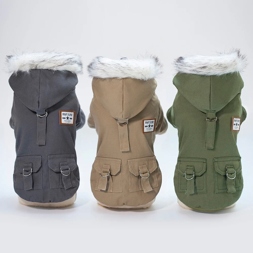 Three versions of a classic PU leather dog jacket for small to medium breeds in gray, tan, and olive green.