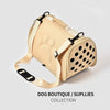 A beige breathable pet carrier bag for cats and small dogs with a padded handle.