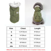 Olive green PU leather dog jacket with faux fur trim shown in various sizes