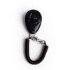 Black adjustable pet training clicker with a nylon wrist strap attached.