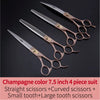 A set of four champagne-colored professional pet grooming scissors including straight and curved options