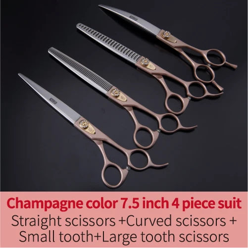 A set of four champagne-colored professional pet grooming scissors including straight and curved options