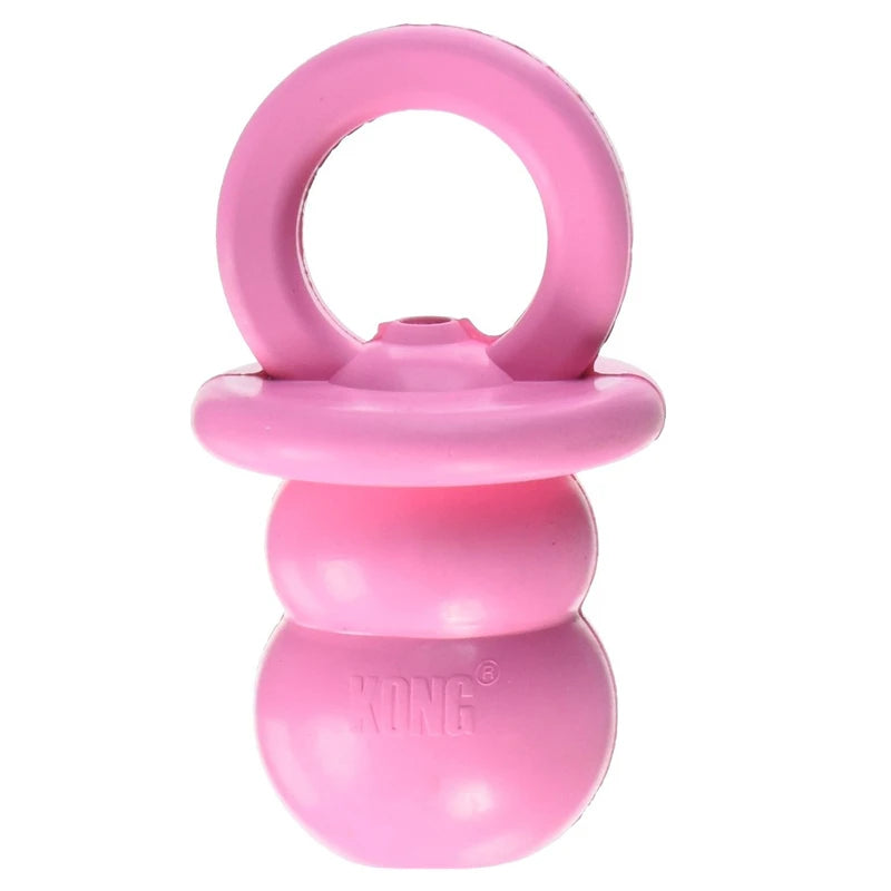 Pink KONG Puppy Binkie teething chew toy with a loop handle