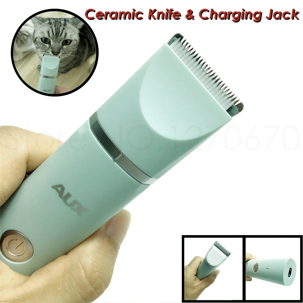 A light green ceramic knife and charging jack grooming trimmer held in a hand, with an inset showing the product details.