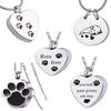 Silver stainless steel pet memorial necklace featuring paw prints on a heart-shaped pendant