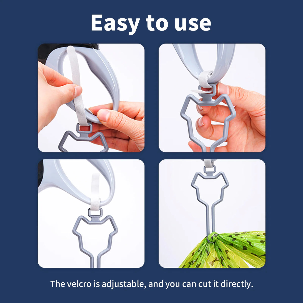 Demonstration of an easy-to-use hands-free dog poop bag dispenser with a leash clip and adjustable velcro.