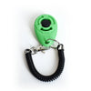 A bright green pet training clicker with a black button and a metal wrist strap attached.