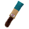 A brown KONG Kickeroo cuddler cat toy with a teal knitted top and a beige sleeve.