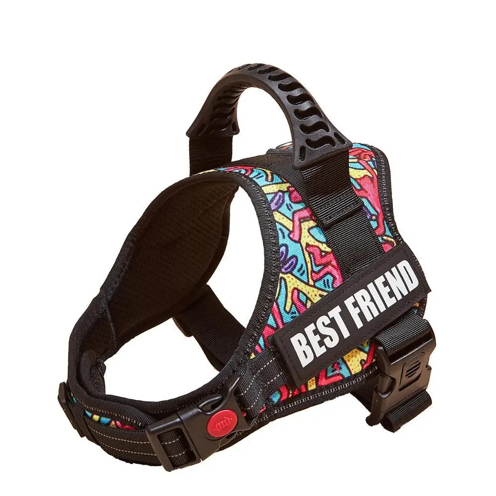 A black and pink patterned adjustable pet walking harness for dogs.