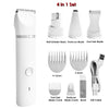 A white 4 in 1 set of nail grinder, pedicure blade, foot hair blade, and brush with an USB cable.