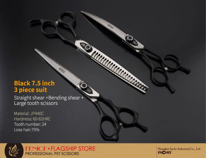 A set of black Japanese pet grooming scissors including a straight shear, bending shear, and large tooth scissors.