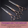 A set of three champagne color grooming scissors including straight, curved, and large tooth scissors
