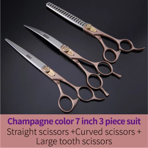 A set of three champagne color grooming scissors including straight, curved, and large tooth scissors
