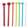 A set of five plastic bird perch stands in red, green, yellow, and white colors.