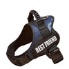 A dark brown adjustable pet walking harness for dogs with a blue camouflage pattern.