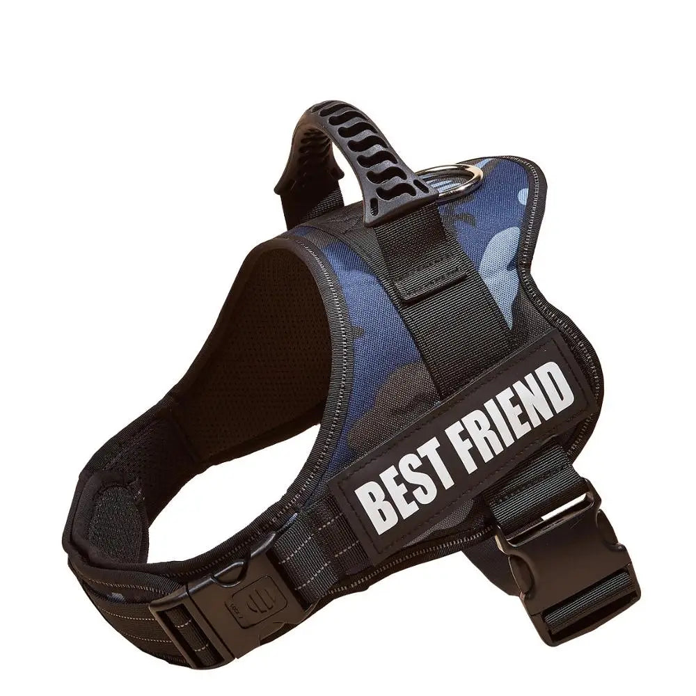 A dark brown adjustable pet walking harness for dogs with a blue camouflage pattern.