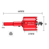 A red bi-metal hole saw bit with a threaded tip shown next to dimension lines.