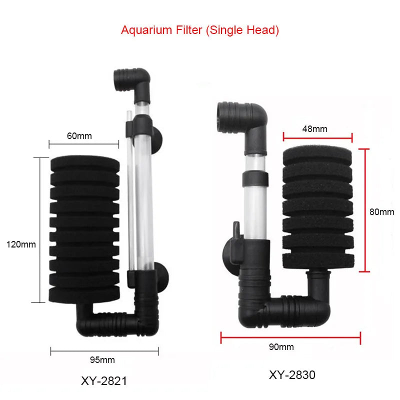 Filtre aquarium à une tête avec éponge noire et tube transparent, étiquetés XY-2821 et XY-2830.