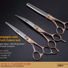 A pair of silver-colored straight and bending grooming scissors with gold accents shown against a dark background.