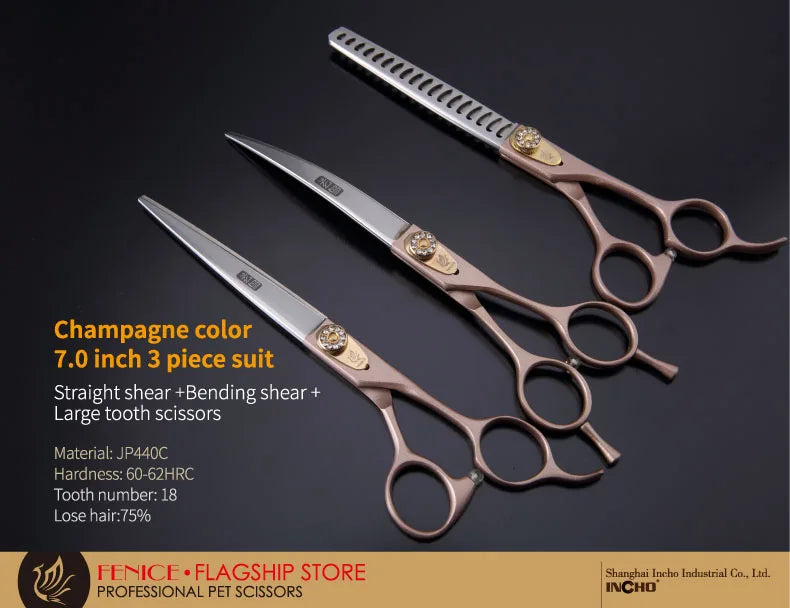 A pair of silver-colored straight and bending grooming scissors with gold accents shown against a dark background.
