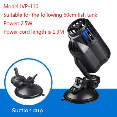 Black aquarium wave maker pump with a suction cup base and power cord.