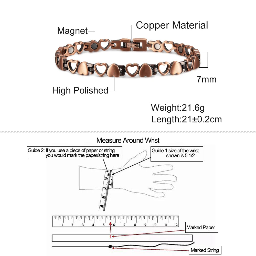 Nahaufnahme eines polierten Kupfer-Magnetarmbands mit Magnet und Messleitfaden.