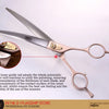 A pair of professional pet grooming scissors with a silver blade and rose gold handle, shown against a white background.