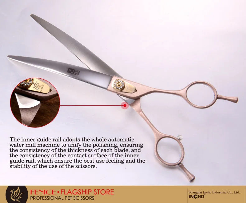 A pair of professional pet grooming scissors with a silver blade and rose gold handle, shown against a white background.