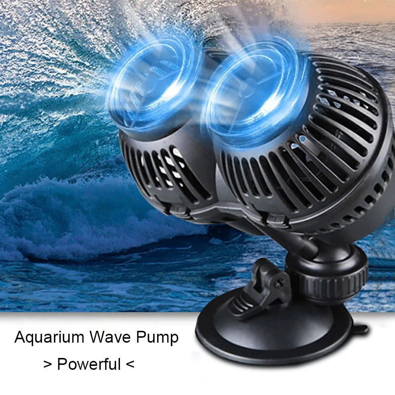 A black aquarium wave pump is shown with blue light effects, demonstrating its powerful water circulation capabilities.