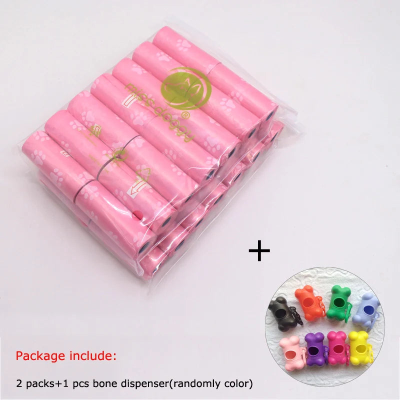 A package of 2 packs and 1 piece bone dispenser for paw print dog waste bags in various colors.