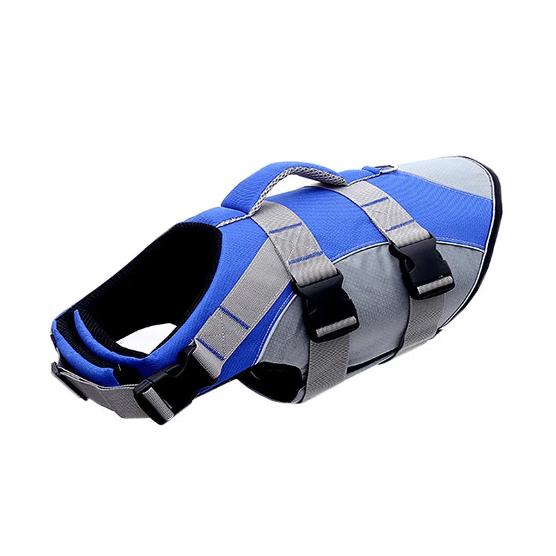 A blue and gray reflective summer life jacket for dogs.