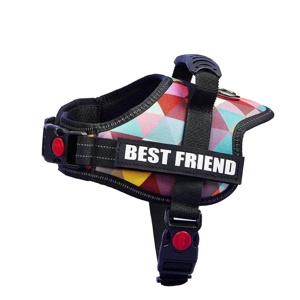 A black adjustable pet walking harness with a colorful geometric pattern and a prominent BEST FRIEND label.