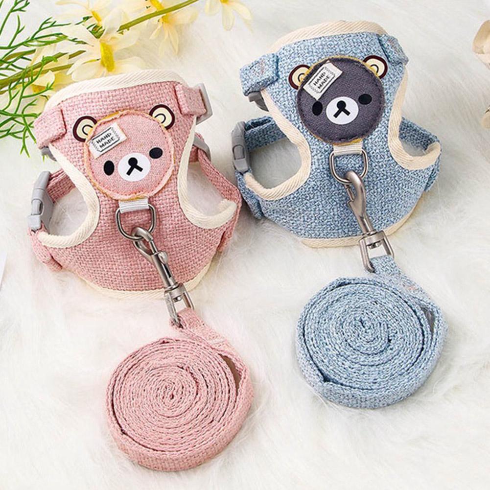 Pink and blue pet leash harness for dogs and cats with matching fabric and leather leash