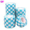 Rolls of blue and white checkered printed self-adhesive elastic bandage tape.