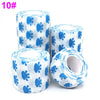 Rolls of blue and white printed self-adhesive elastic bandage tape
