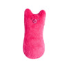 A bright pink plush cat toy with a rounded body and small features.