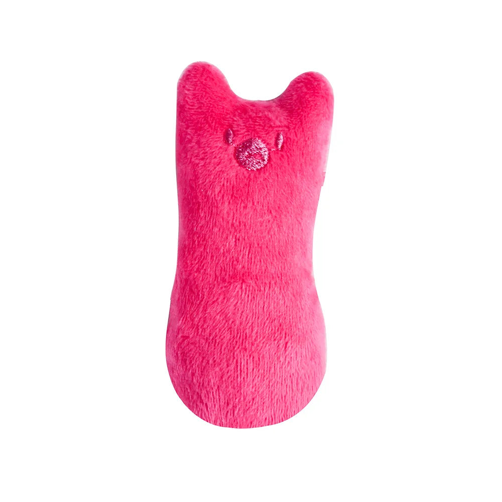 A bright pink plush cat toy with a rounded body and small features.